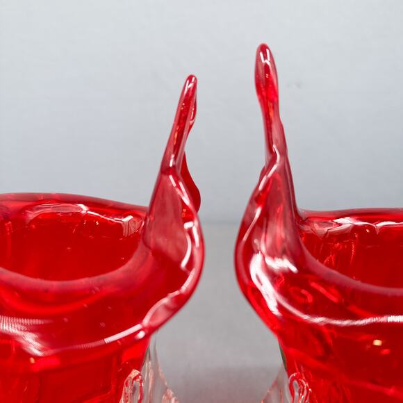 Set of 2 VTG Murano Sommerso Jack in Pulpit Cornucopia Red Clear Vase Japan 8" - Picture 9 of 16